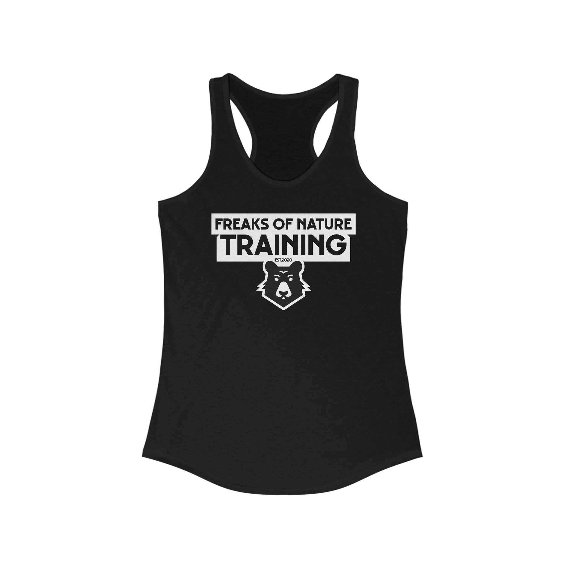 Black tank top with white text 'Freaks of Nature Training' and a bear logo.