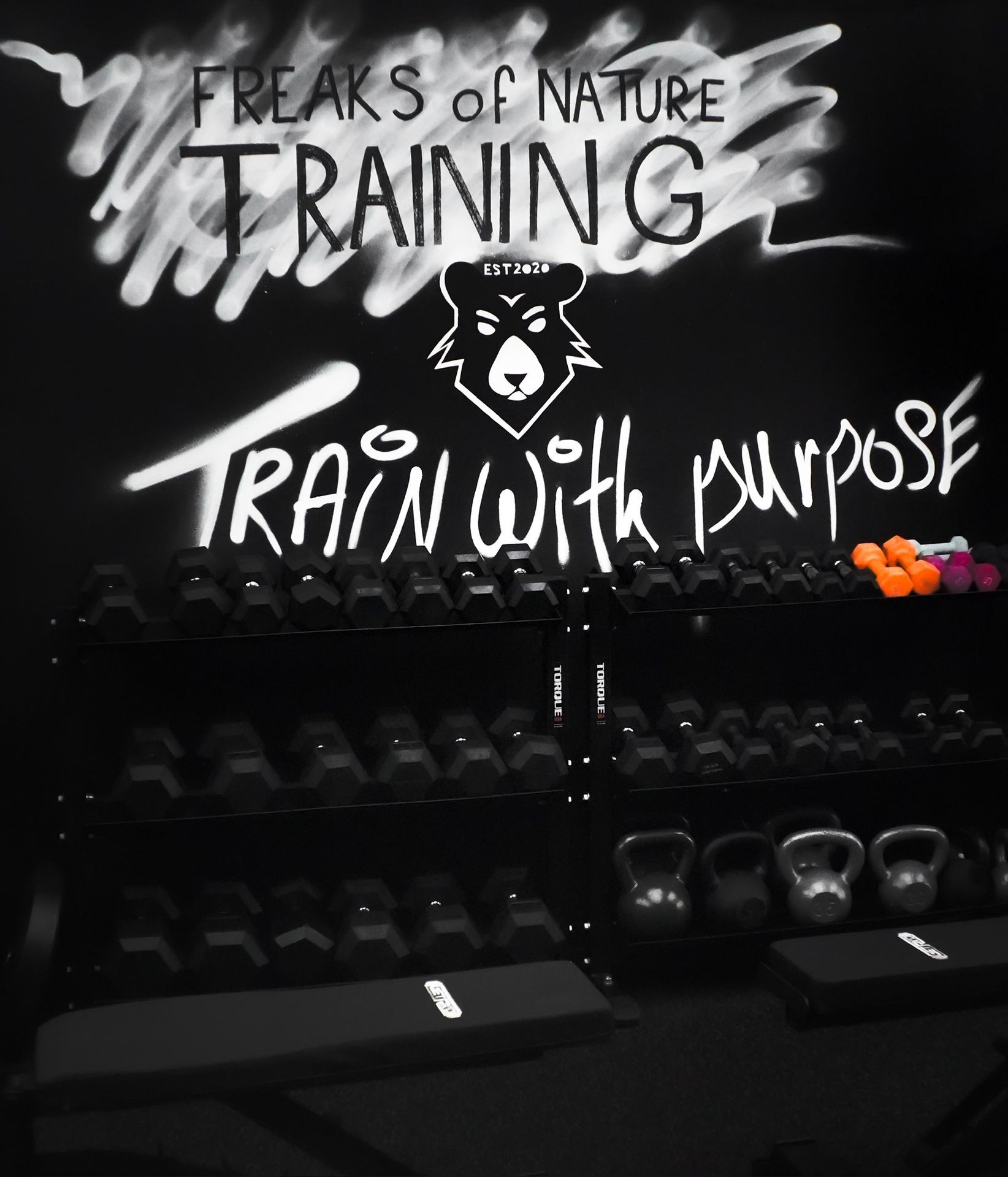 Gym wall with motivational text, dumbbells and kettlebells on racks, and weight benches.