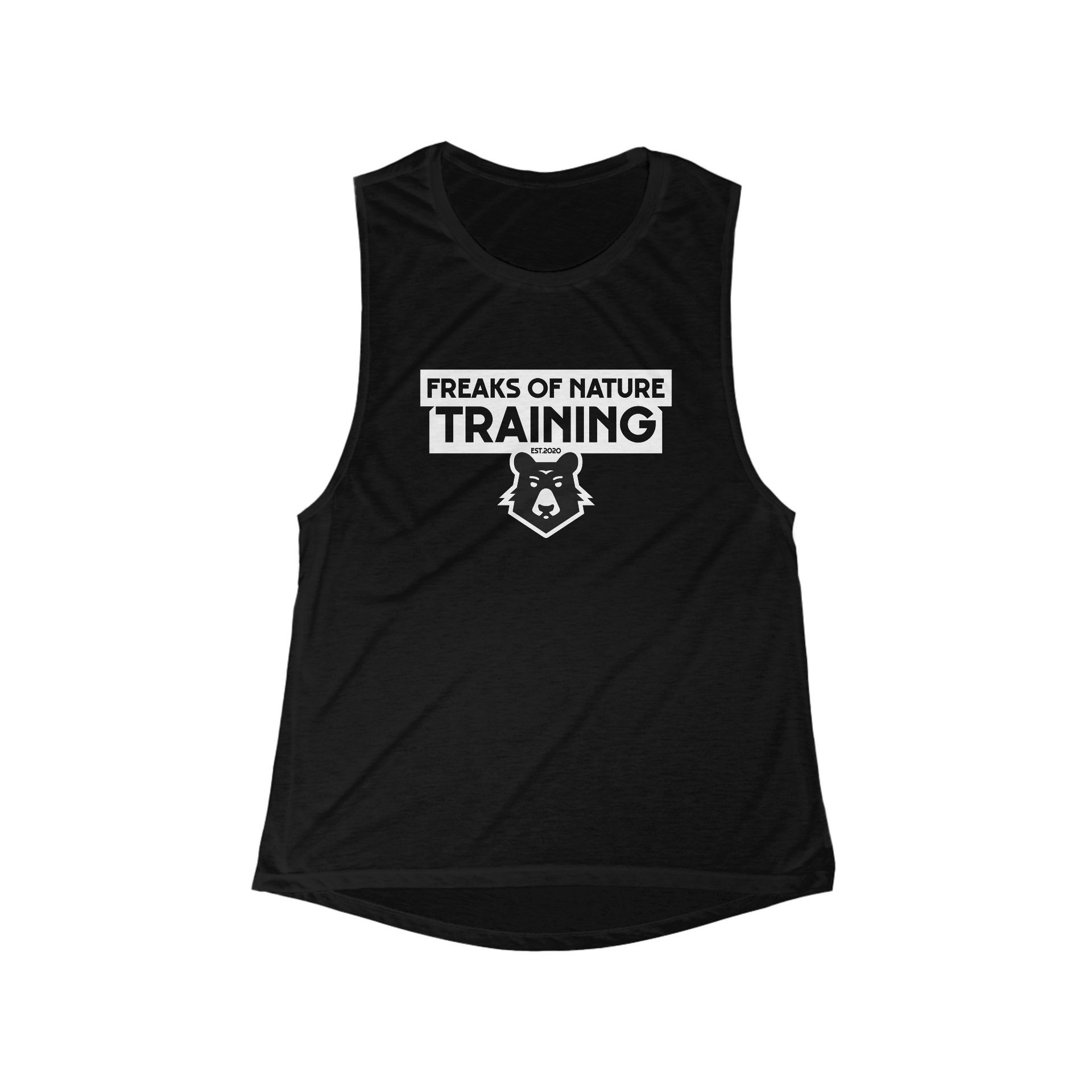 Black sleeveless shirt with 'Freaks of Nature Training' and bear logo design.